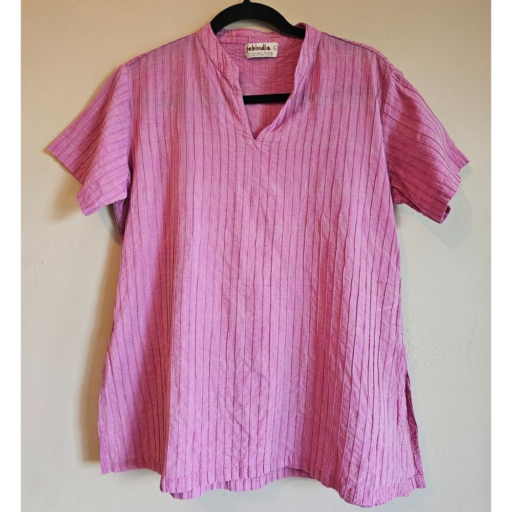Fabindia Women pink Nehru Collar Striped short Sleeve Cotton Blouse Top - Large